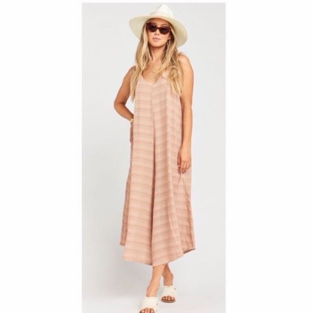 Show Me Your Mumu SMYM Jumpsuit Wide Leg Faithy Faith Rippled Tan size Medium